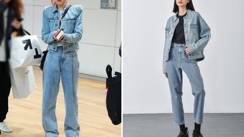 Áo trễ vai quần jean và áo khoác caro phối ren cho mùa thu đông - nguồn từ marcfashion