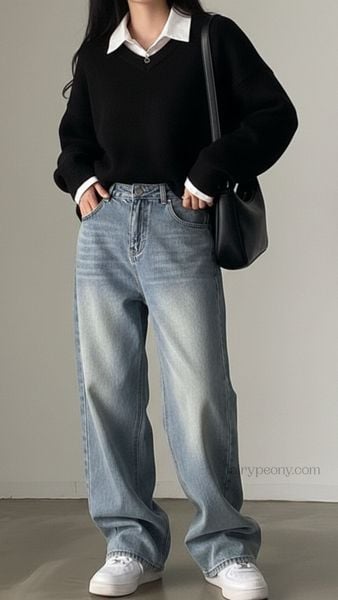 Áo len mỏng + quần ống rộng + túi hobo mềm tạo cảm giác thư thái