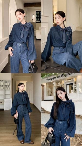 Blouse tay bồng + quần jeans tối + túi satchel