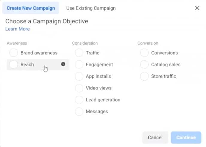 Giao diện chọn mục tiêu chiến dịch Facebook Ads