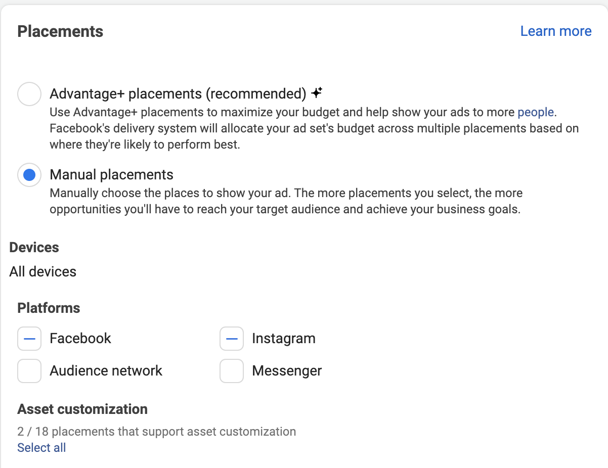 Cài đặt placements cho quảng cáo Facebook tiệm cưới