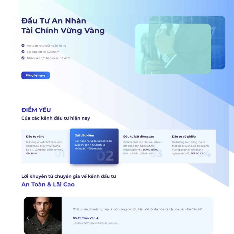 Ví dụ thiết kế landing page với trust signals, form đăng ký ngắn gọn và CTA mạnh mẽ