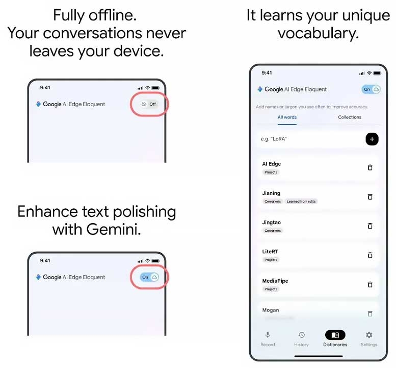 Giao diện Google AI Edge Eloquent với chế độ ghi âm thời gian thực
