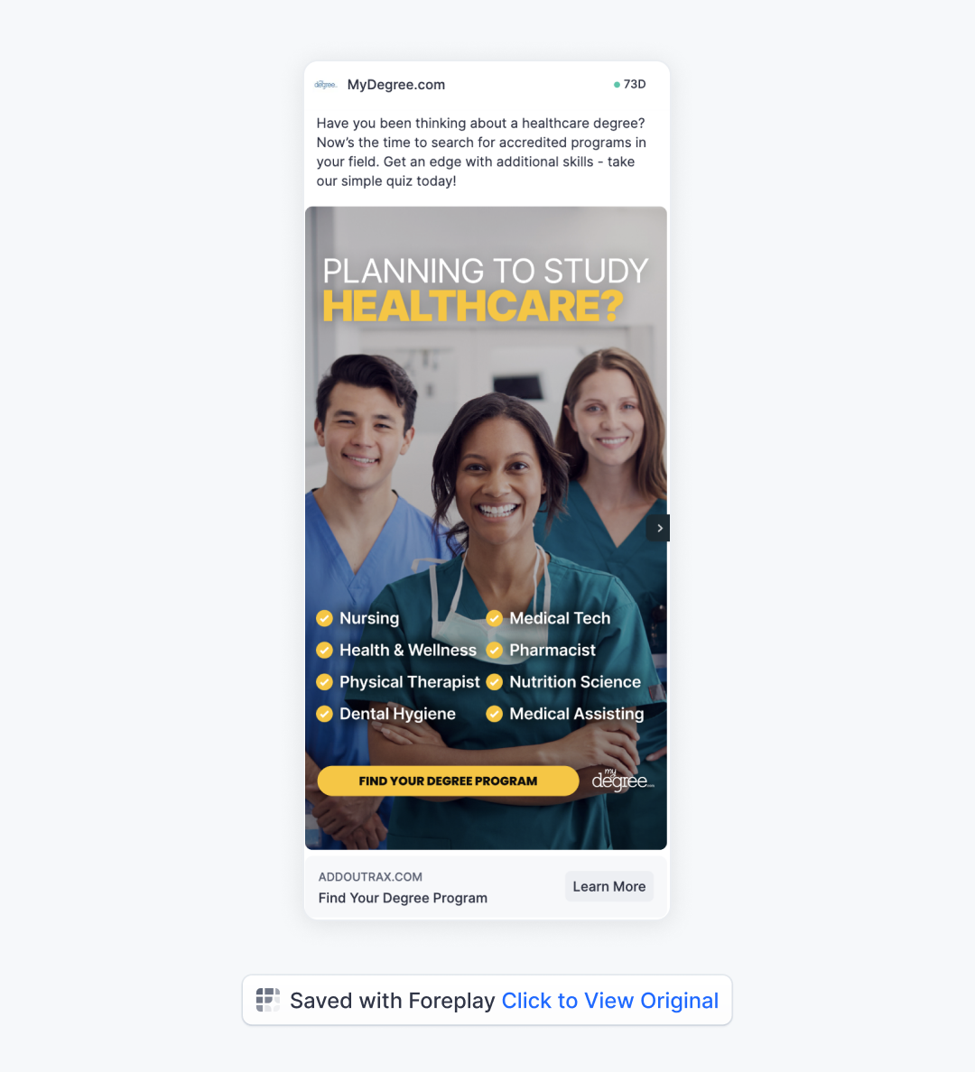 Ví dụ quảng cáo Facebook Ads cho ngành giáo dục MyDegree.com
