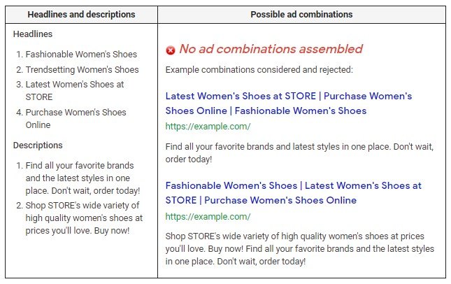 Ví dụ mẫu responsive search ads với nhiều headline và description variations