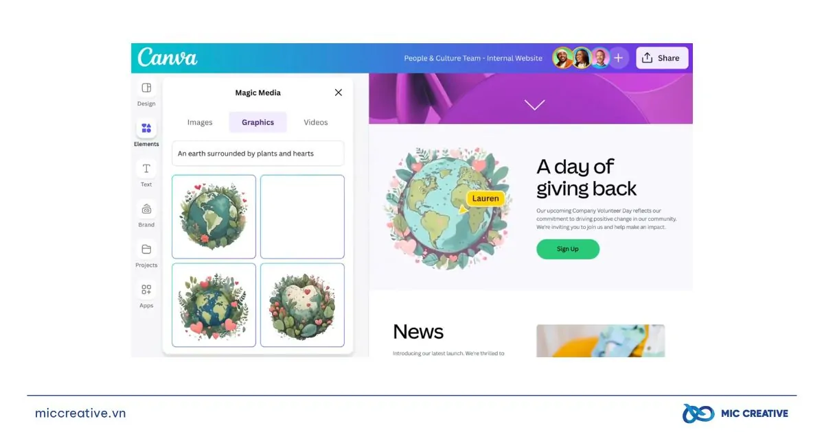 Canva Magic Studio giao diện với các công cụ Magic Design, Magic Edit, Magic Eraser